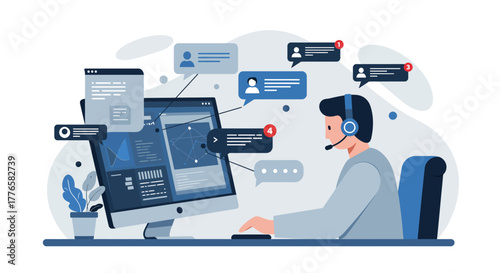 Customer Service Representative Working on Computer with Headset.