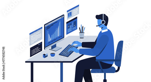 Vector Illustration of a Customer Service Representative Working.