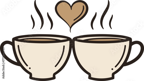 Two steaming coffee cups with heart shape design, romantic café illustration, cozy warm beverage artwork symbolizing love, friendship, connection
