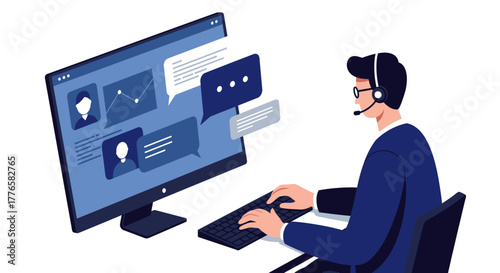 Customer Service Representative Working on Computer with Headset.