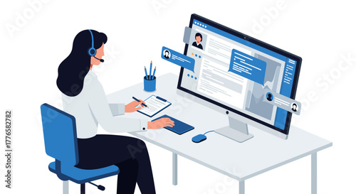 Customer Service Representative Working at Computer Desk.