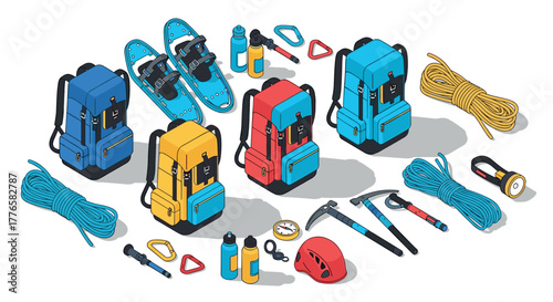 Isometric camping gear layout with backpacks, snowshoes, and climbing equipment