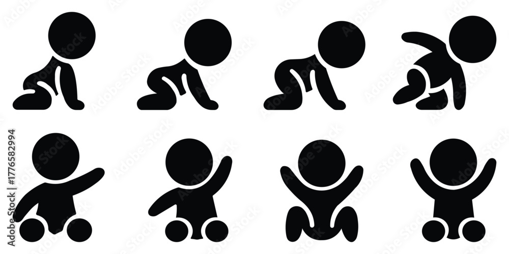 Fototapeta premium Cute baby crawling stickman vector illustration in different movement poses, minimal black and white silhouette icons representing childhood, growth, and early learning development concept