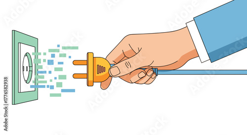 A hand unplugging an electrical cord from a wall socket. Digital detox and disconnection from technology concept. Cartoon vector illustration.