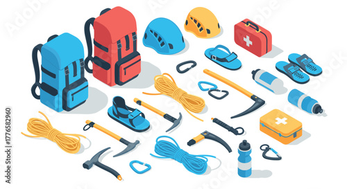 Isometric camping gear set with backpacks, helmets, ropes, and tools for outdoor adventures