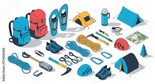 Essential camping gear and equipment in modern isometric style