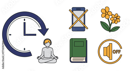Digital detox and mindfulness icon set. Flat vector symbols for well-being and relaxation. Isolated graphic elements for web and mobile apps