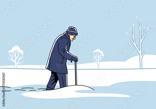 Elderly man with a walking stick in the snow. Old age and loneliness concept illustration. Minimalist flat design vector graphic