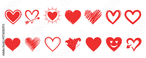 Bright red hand-drawn hearts with ink brush strokes and grunge texture, vector illustration representing passion, affection, and romantic design for cards, love, and celebration themes