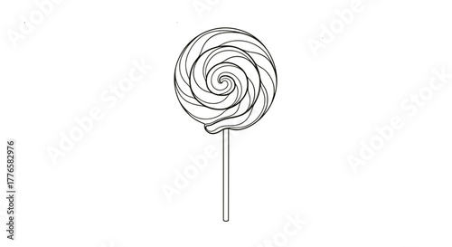 Elegant line art of a classic swirl lollipop. Minimalist vector icon for candy and sweets. Black and white logo style illustration