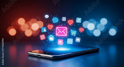 Wallpaper Mural Digital communication icons floating above a smartphone with glowing effects isolated on transparent background Torontodigital.ca