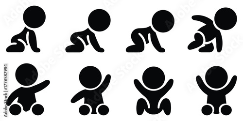 Cute baby crawling stickman vector illustration in different movement poses, minimal black and white silhouette icons representing childhood, growth, and early learning development concept