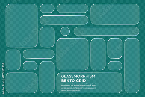 Glass morphism bento grid elements with transparent rounded rectangular and oval shapes for modern UI UX design, apps, and web interfaces vector