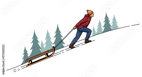 Man pulling a sled uphill in a winter snow scene. Outdoor seasonal activity concept. Simple line art vector illustration.