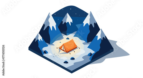 Isometric winter camping scene with tent and snowy mountains under night sky
