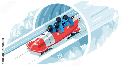 Thrilling bobsledding race in motion with four helmeted racers in red sled