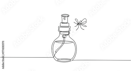 Mosquito repellent spray and insect in one line art style. Continuous single line drawing of a pest control bottle. Minimalist vector illustration