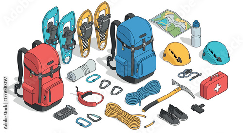 Isometric hiking gear set with backpacks, climbing equipment, helmets, and map for outdoor adventure