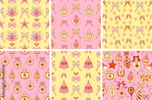 A set of 6 vector bohemian Christmas toy patterns. Pink and yellow balls, bubbles, toys, seasonal ornaments, and winter decorations in an Art Deco boho style.