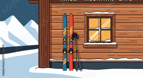 Skis outside a mountain cafe in a winter snow scene. Cozy ski resort cabin at night. Flat cartoon vector illustration