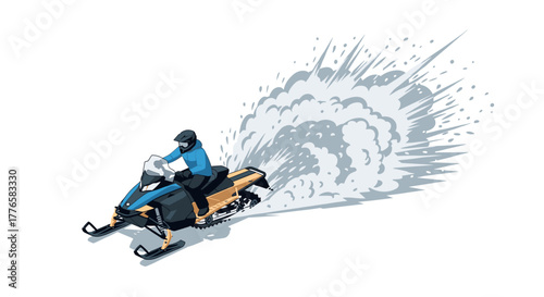Winter adventure with snowmobile rider speeding through snowy terrain