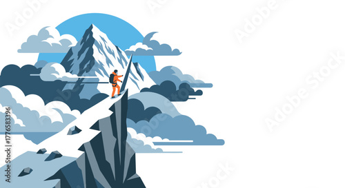Adventurous climber scaling icy mountain peak amidst dynamic clouds in bold illustration