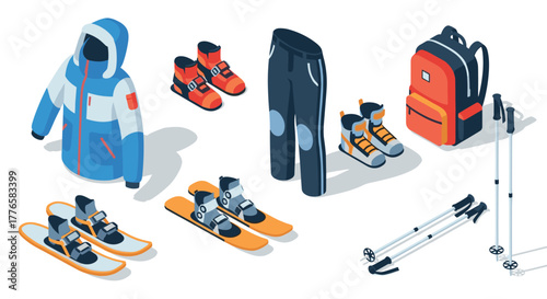 Winter sports gear collection isometric ski equipment and clothing essentials