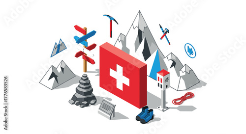 Swiss alps adventure icon set mountains, hiking gear, and landmarks in isometric style