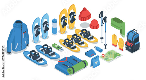 Isometric winter hiking equipment collection with snowshoes and more