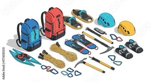 Isometric mountaineering gear set featuring backpack, climbers equipment, and safety accessories for outdoor adventures