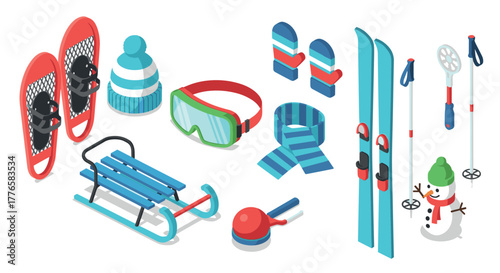 Winter sports gear collection with snowman and accessories in isometric style