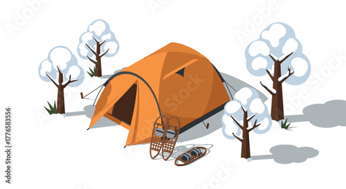 Isometric winter camping scene with orange tent and snowy trees