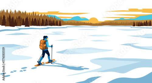 Winter adventure snowshoeing in a vibrant sunset landscape