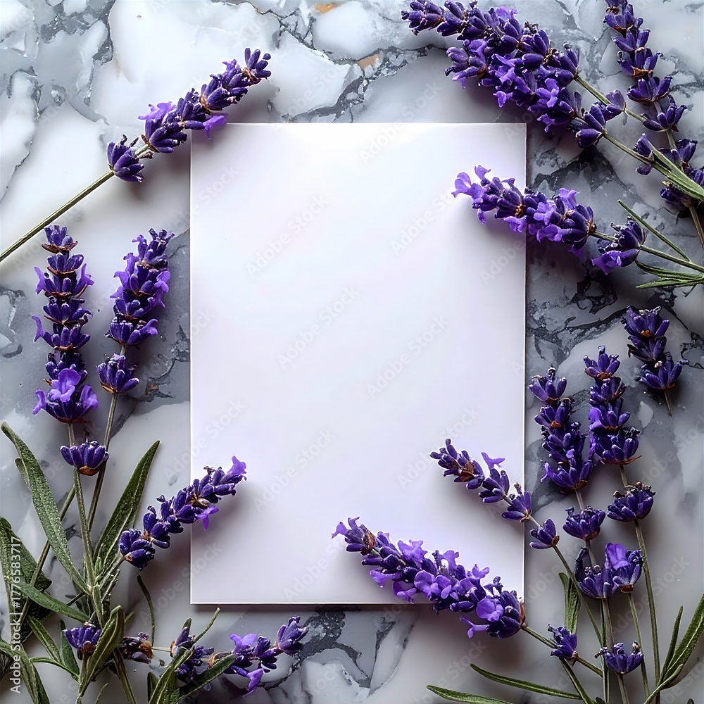 Obraz premium Draufsicht auf ein rechteckiges, weißes, leeres Blatt in Hochformat mit Lavendel im Hintergrund. Mockup für Düfte