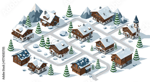 Cozy winter village scene with snowy chalet houses and pine trees in isometric style