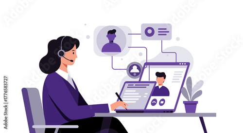 Customer Service Representative Working on Laptop with Headset.