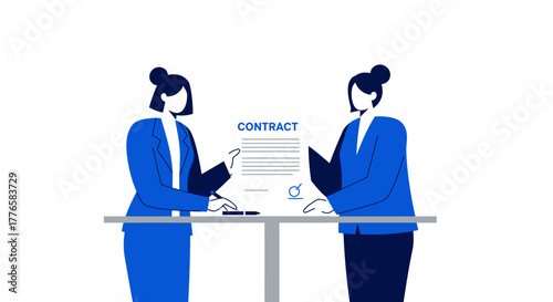 Two Businesswomen Reviewing and Signing a Contract.