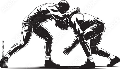 Amateur wrestlers grappling during competitive sport match aggressive takedown attempt silhouette