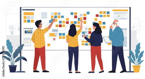 Team Collaborating on Project Planning Board Illustration.