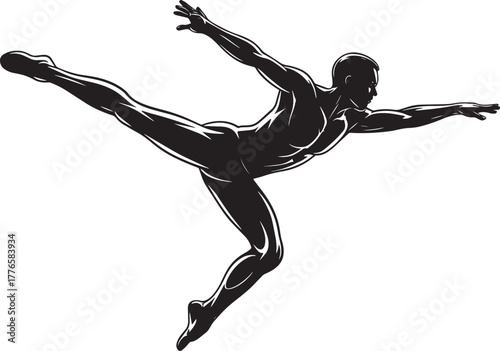 Dynamic male dancer performing flexible split leap contemporary athletic movement silhouette vector graphic