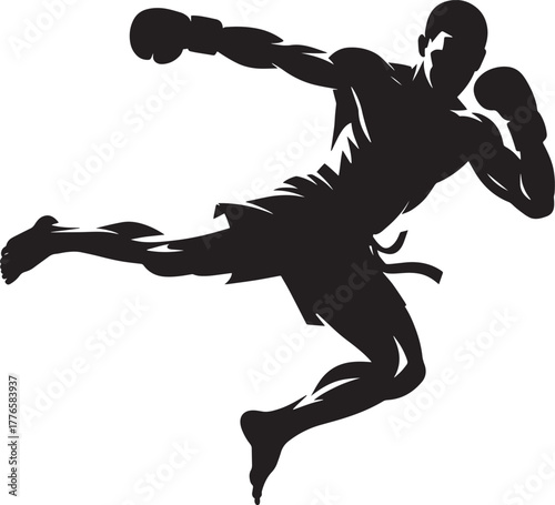 Dynamic martial arts fighter silhouette performing high flying side kick action vector design