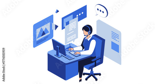 Customer Service Representative Working at Computer Desk.