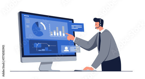 Business Analyst Pointing at Data on Computer Screen.