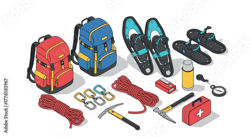 Hiking and climbing gear collection with backpacks, shoes, and accessories in isometric style