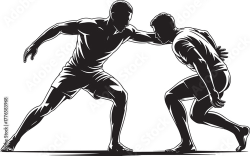 Intense wrestling stance silhouette fighters ready for takedown competitive sports graphic element