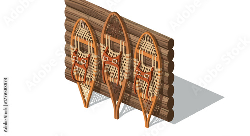 Three traditional snowshoes hanging on wooden wall in isometric design