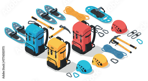 Isometric hiking equipment set with backpacks, snowshoes, climbing gear, and helmets