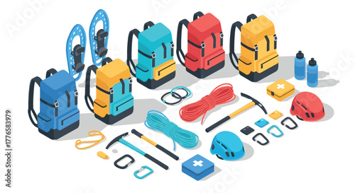 Isometric hiking gear array with colorful backpacks and equipment
