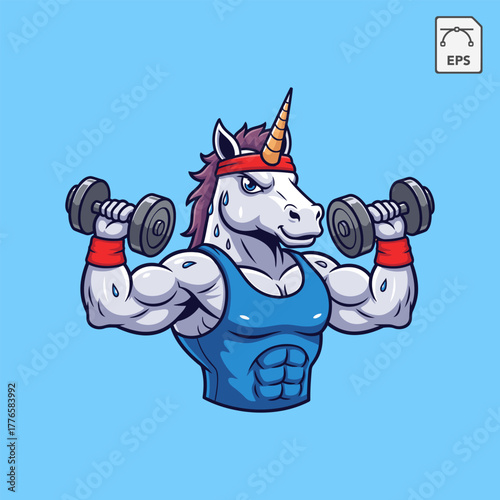 Unicorn lifting weights animal cartoon gym character strength