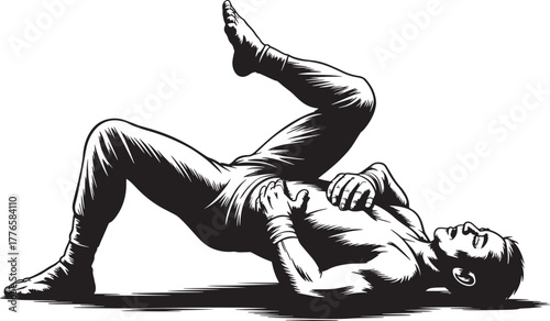 Mixed martial arts fighter executing submission maneuver on ground during extreme sports competition